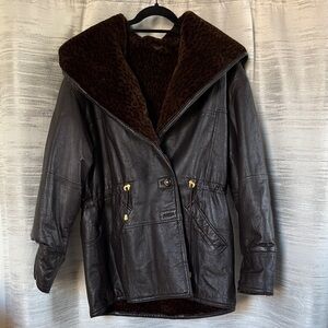 Winlit Women's Brown Leather and Leopard Print Fur Reversible Jacket